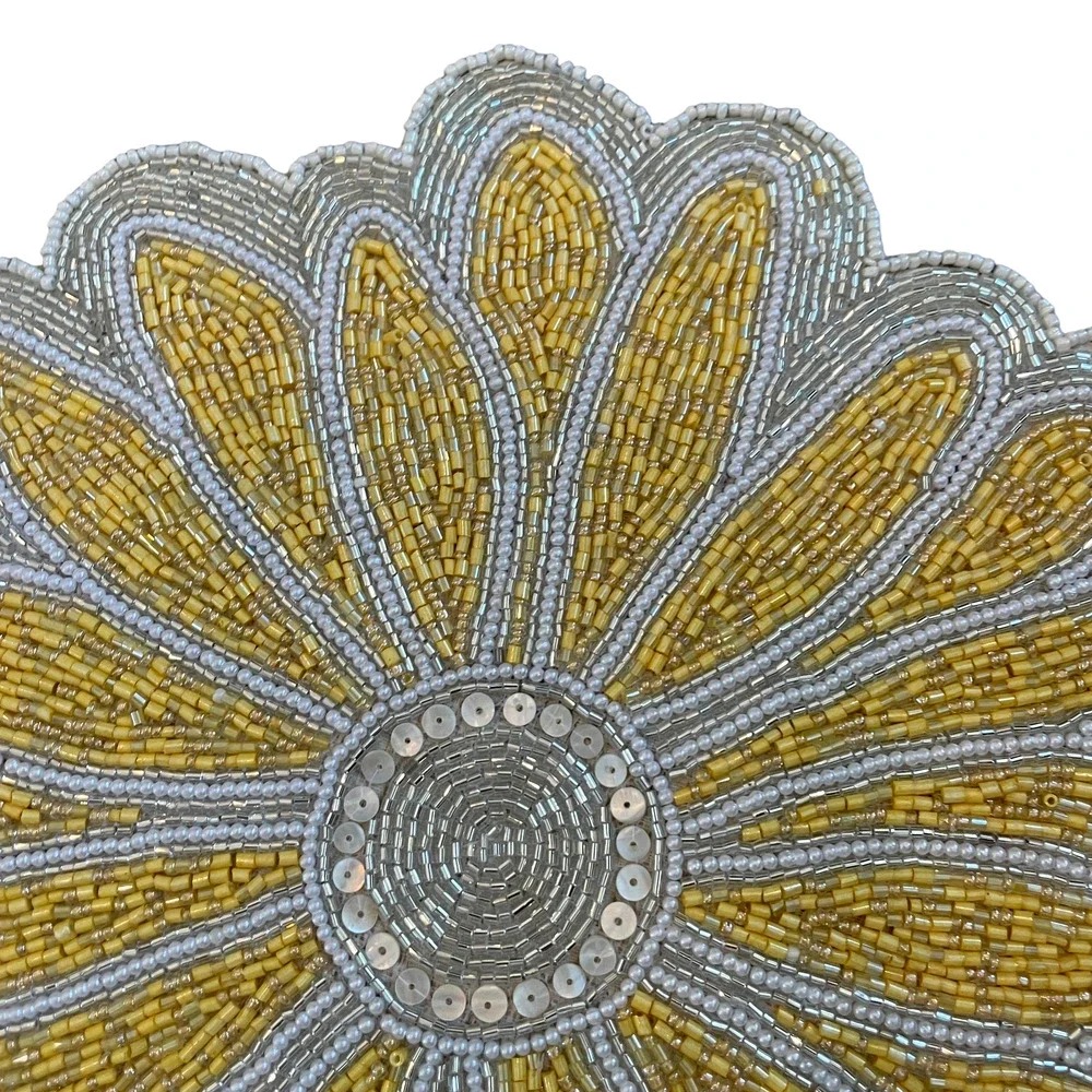 TAHARI HOME Glass Hand Beaded Charger Placemat Summer Yellow & White Floral NEW